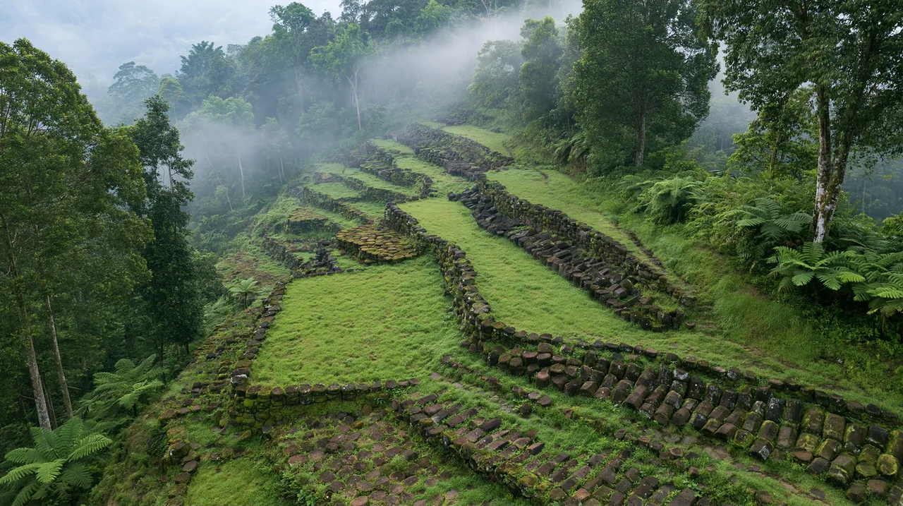 Draft still, the terraces from above