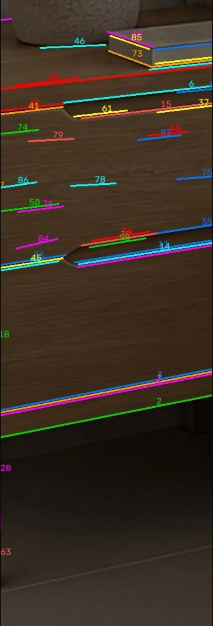 Measured edges and floor points over a frame of the site