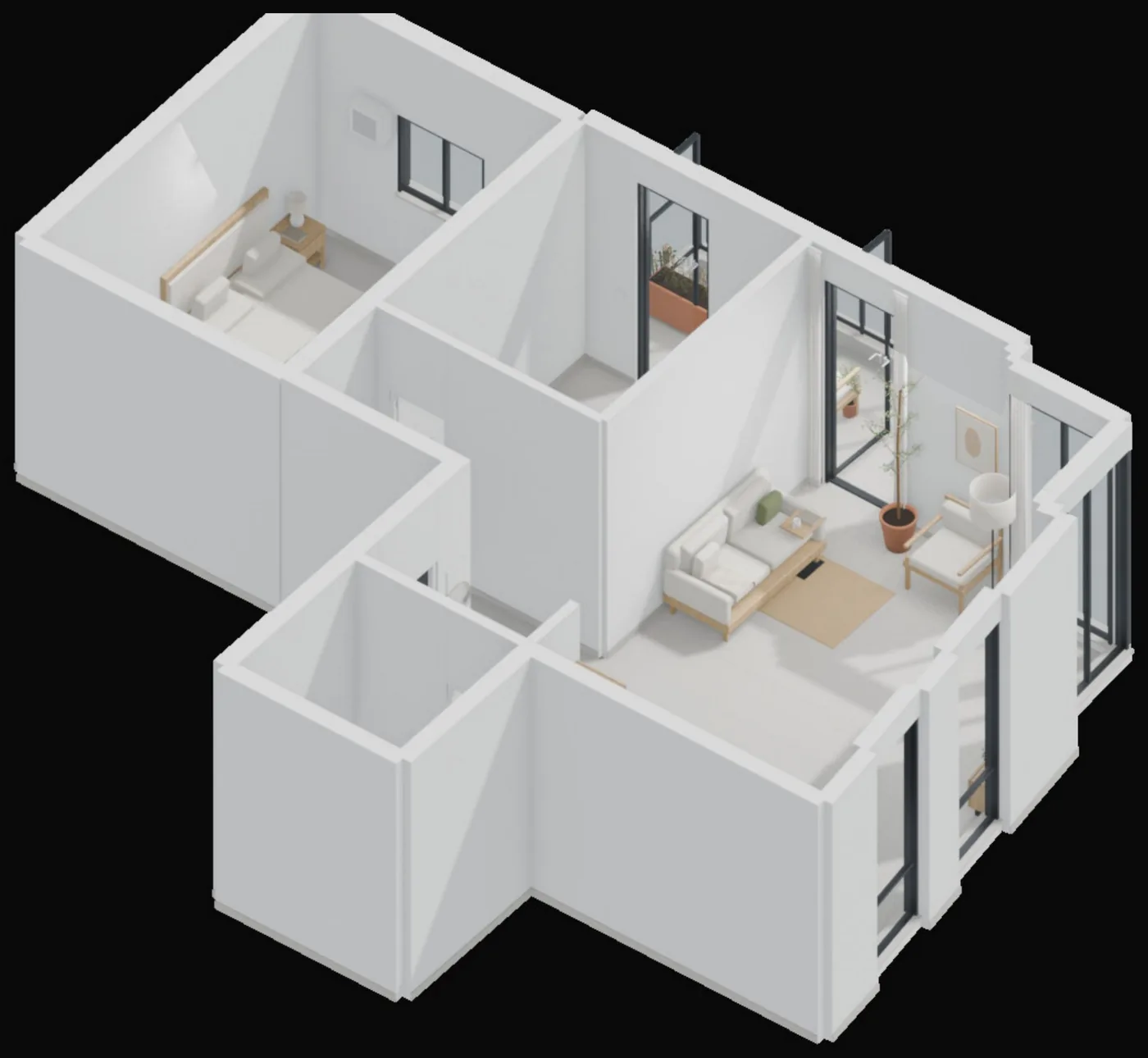 Cutaway of the furnished 3D model of the flat